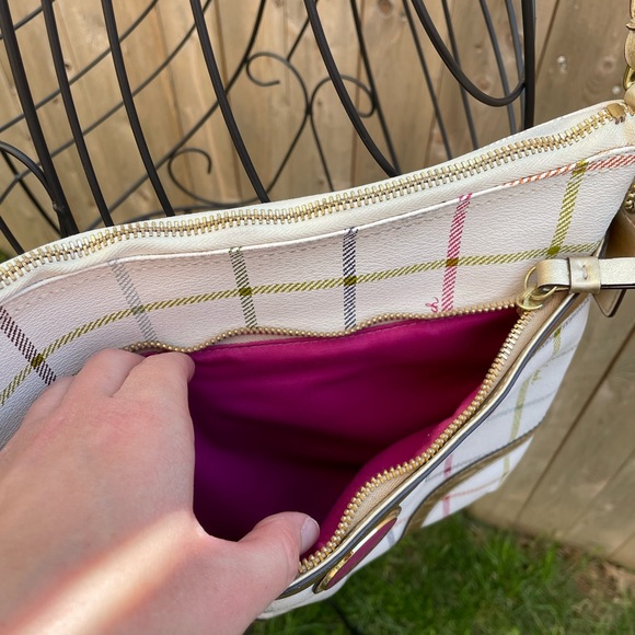 Coach Peyton Tattersall Crossbody Bag Plaid Purse White Gold Leather - Picture 5 of 16